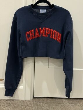 Champion Navy Cropped Crewneck with Red Logo